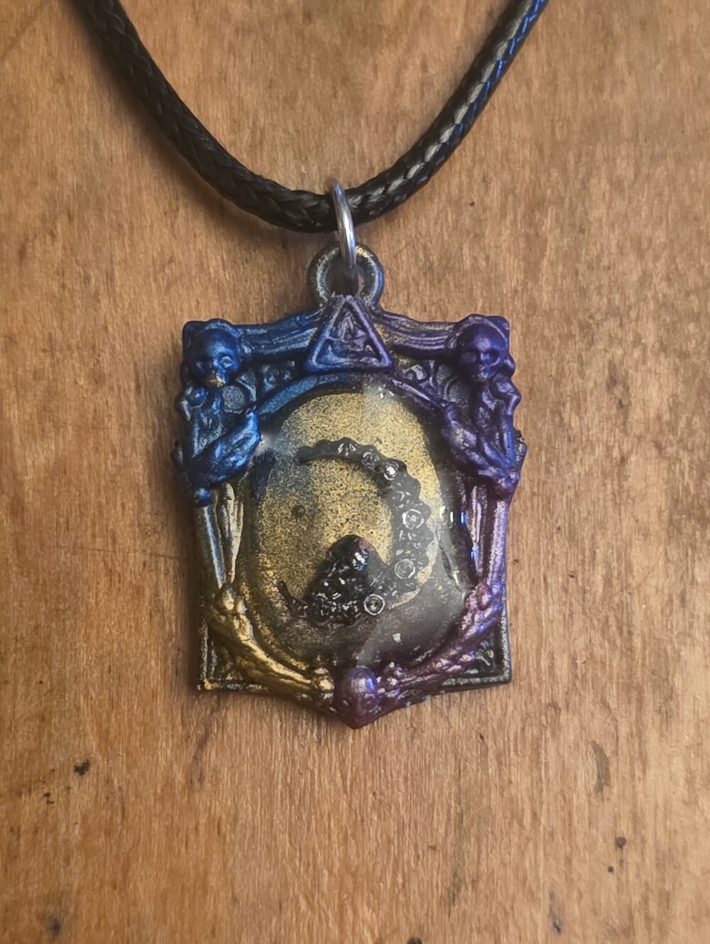 Skull Moon Motif W Colorful Resin Frame On A 18" Adjustable Black Cord Necklace